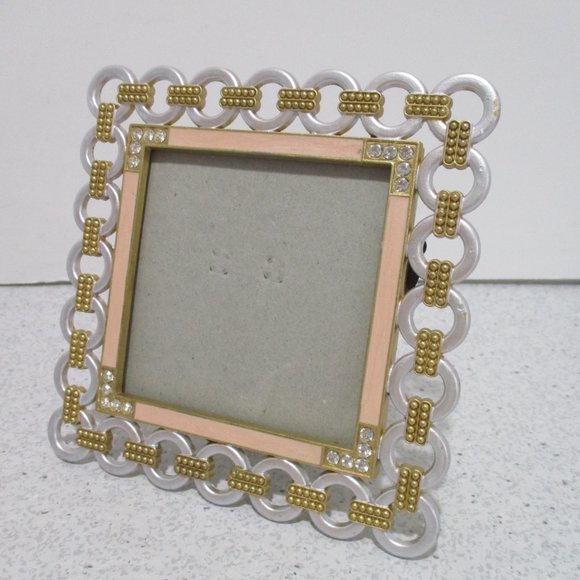 *Decorative Goldtone Peach Enamel and Silver Rhinestone Accent Square Frame - Picture 1 of 5